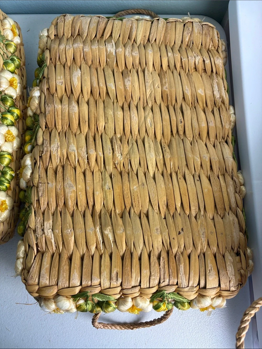 Set of 3 Vintage Handwoven Raffia and Seagrass Trays with Yellow Floral Accents